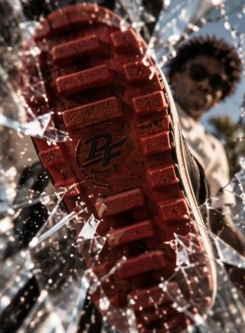 Close-up of the red PF Flyers sole through shattered glass