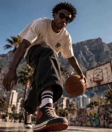 Dribbling on a Cape Town court in PF Flyers, Table Mountain behind